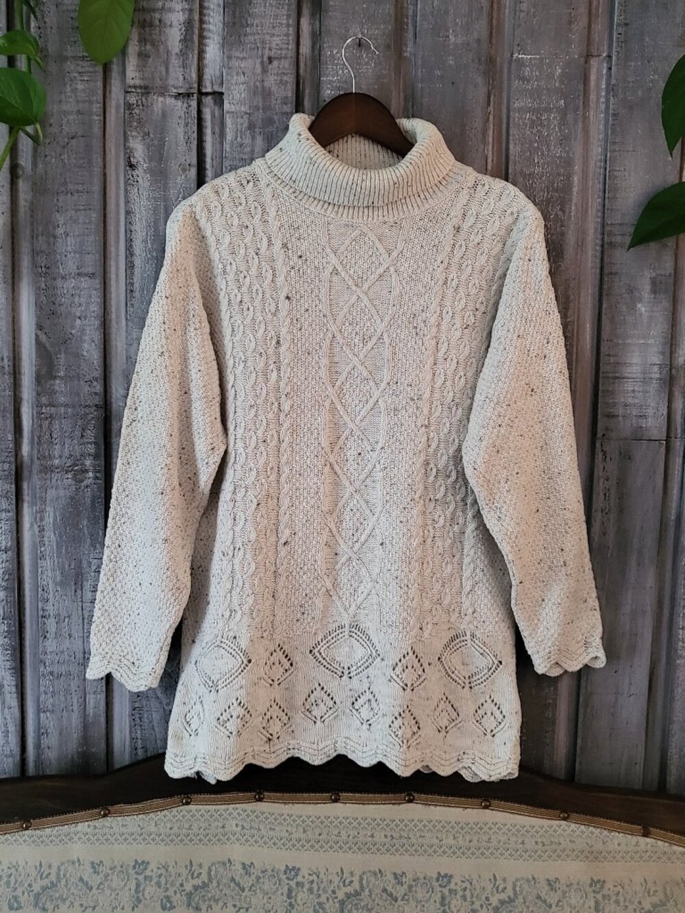 Vintage 90s Cotton Cable Knit Turtleneck Sweater Cream S Relaxed Fit PTP 22"